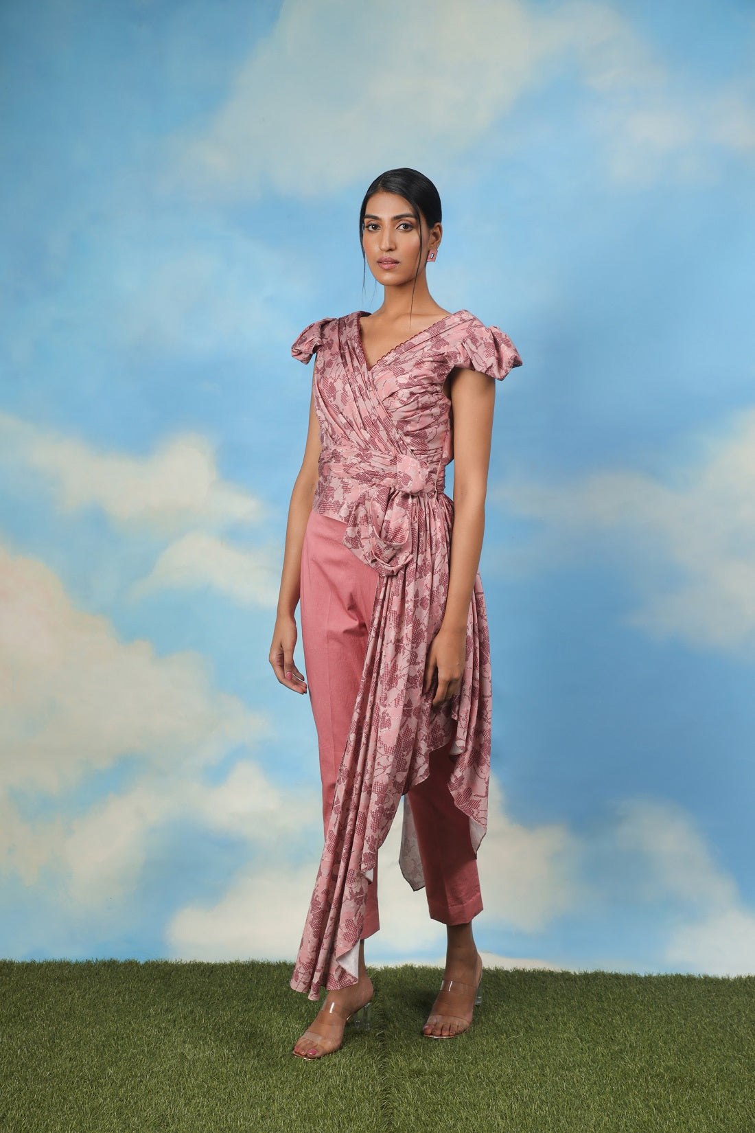Satin Chanderi Drape Top with Cotton Lycra Pants