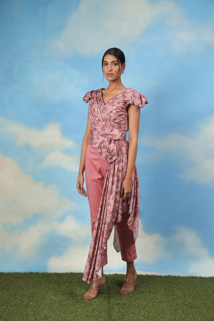 Satin Chanderi Drape Top with Cotton Lycra Pants