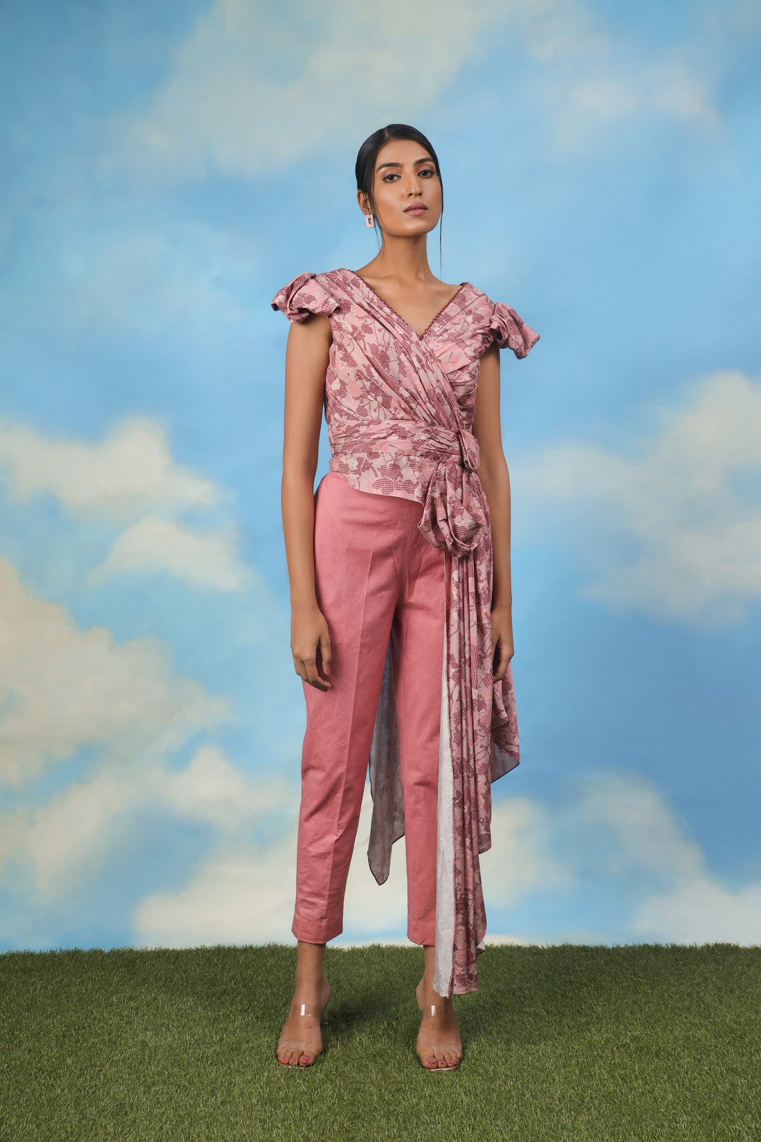 Satin Chanderi Drape Top with Cotton Lycra Pants