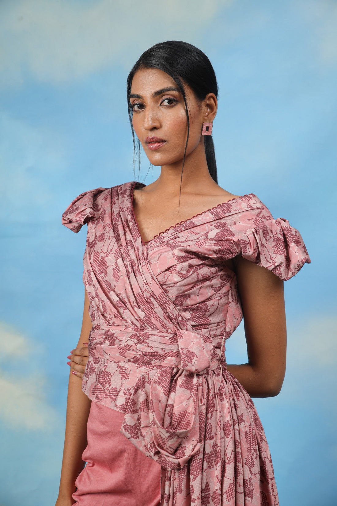 Satin Chanderi Drape Top with Cotton Lycra Pants