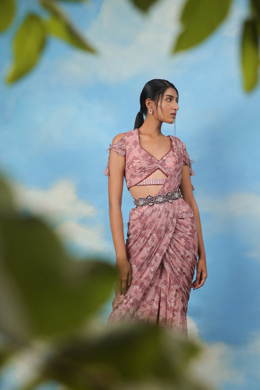 Rose gold palazzo sari with blouse and belt