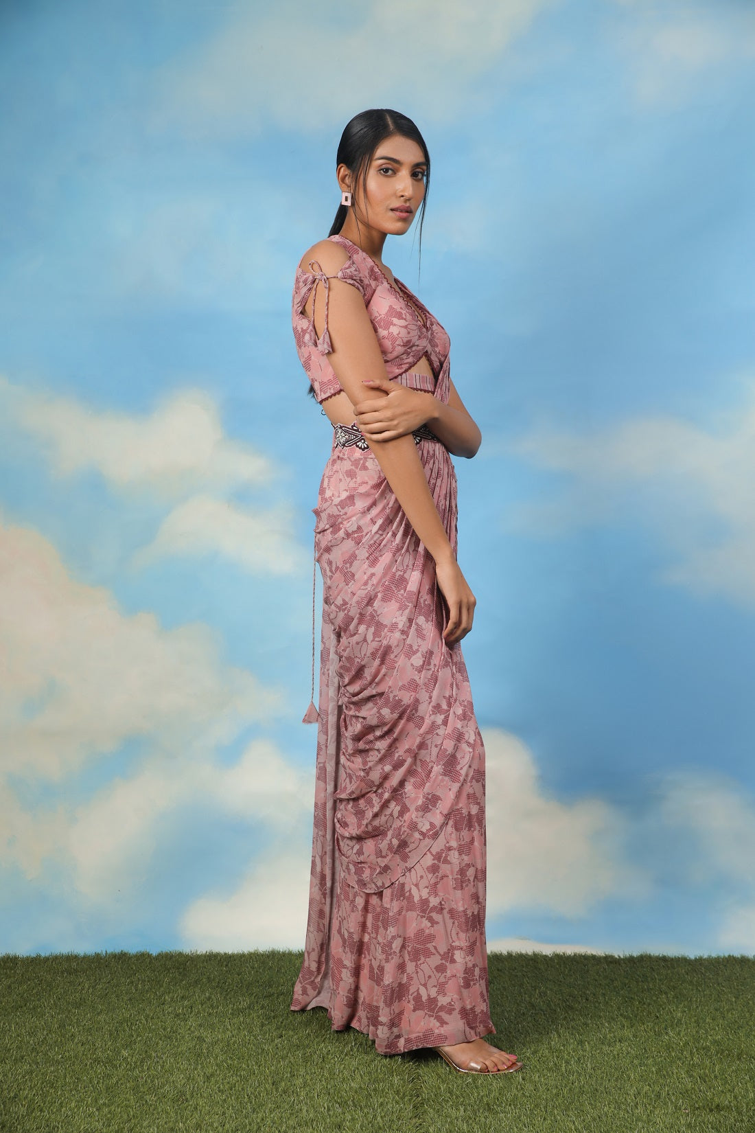 Rose gold palazzo sari with blouse and belt
