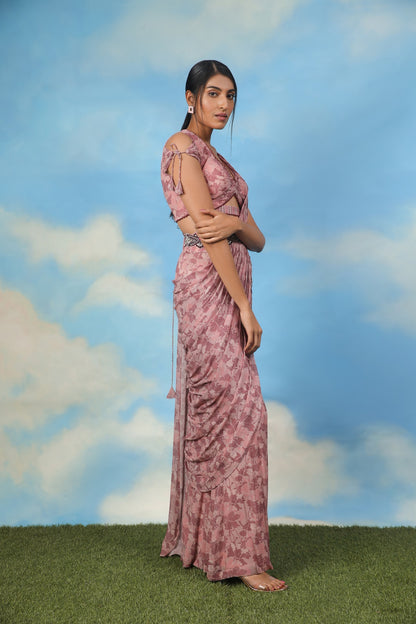 Rose gold palazzo sari with blouse and belt