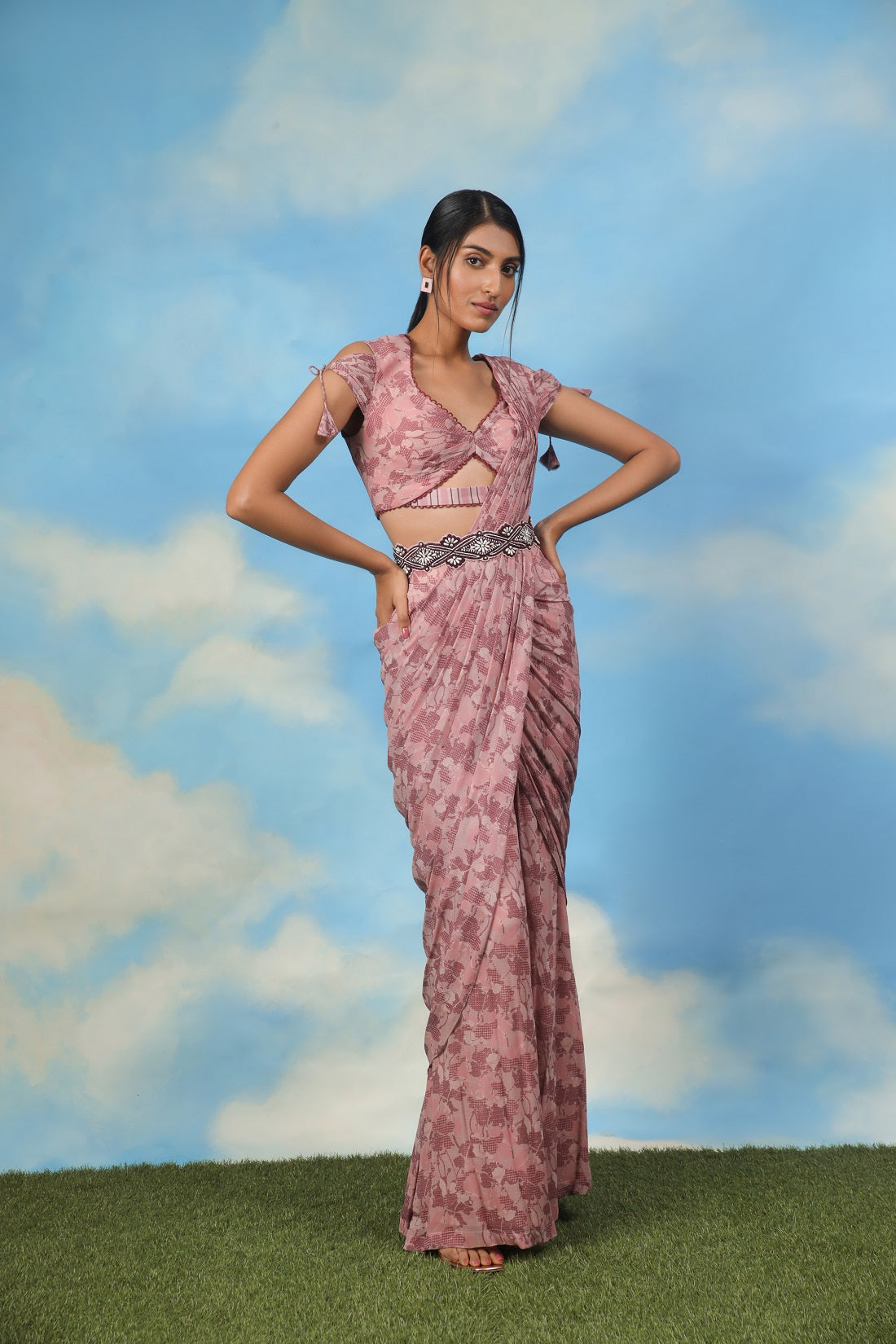 Rose gold palazzo sari with blouse and belt