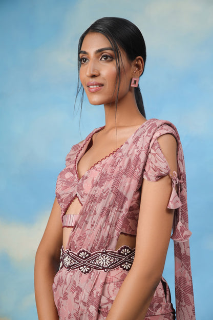 Rose gold palazzo sari with blouse and belt
