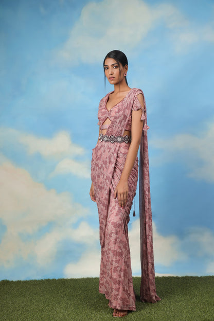 Rose gold palazzo sari with blouse and belt