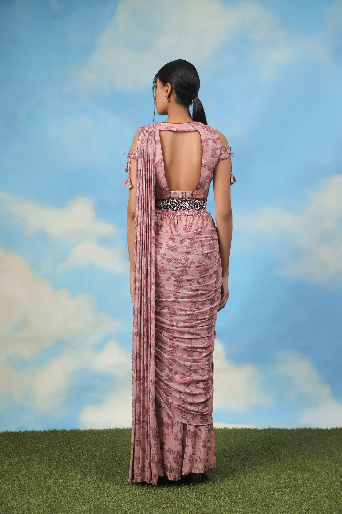 Rose gold palazzo sari with blouse and belt