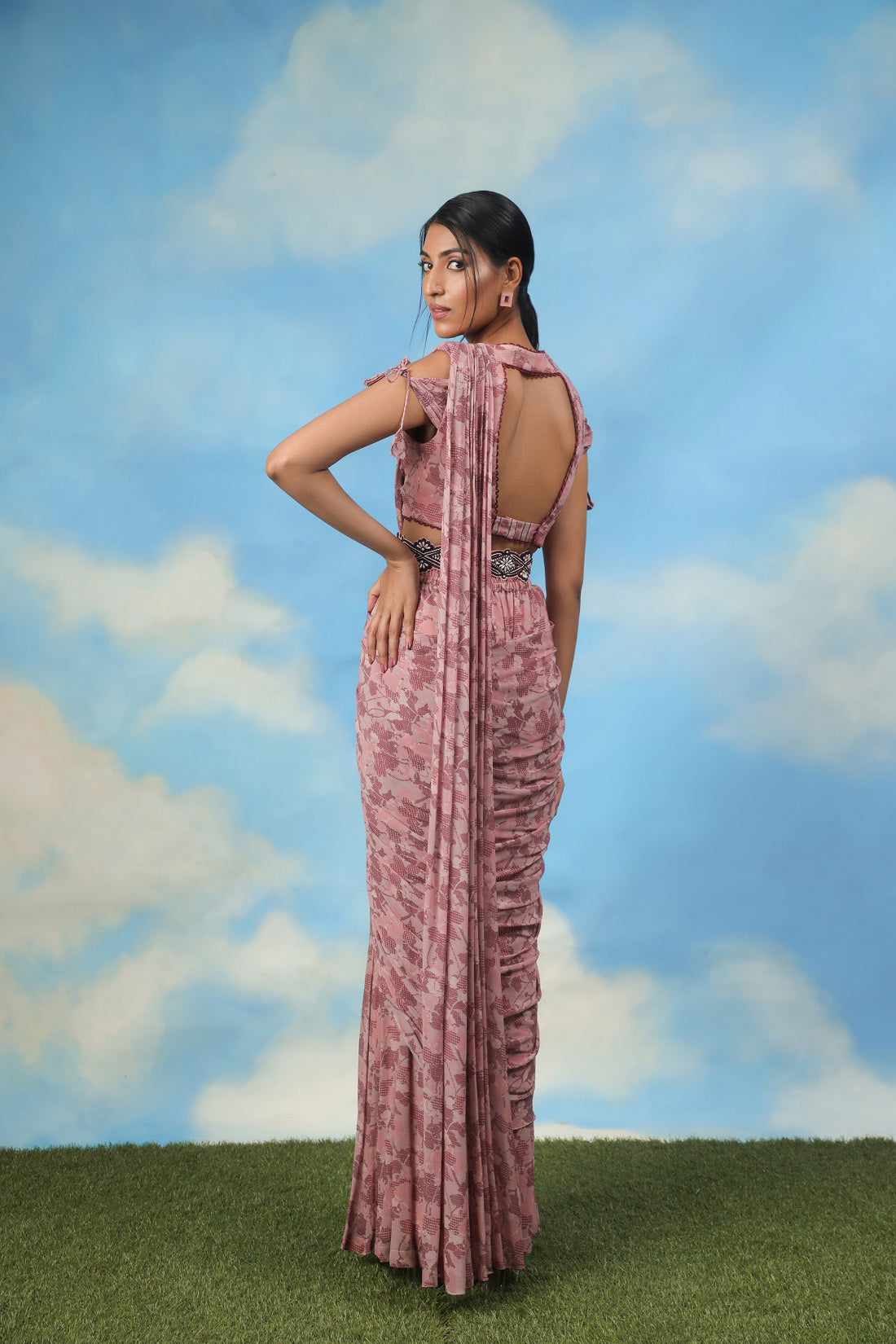 Rose gold palazzo sari with blouse and belt
