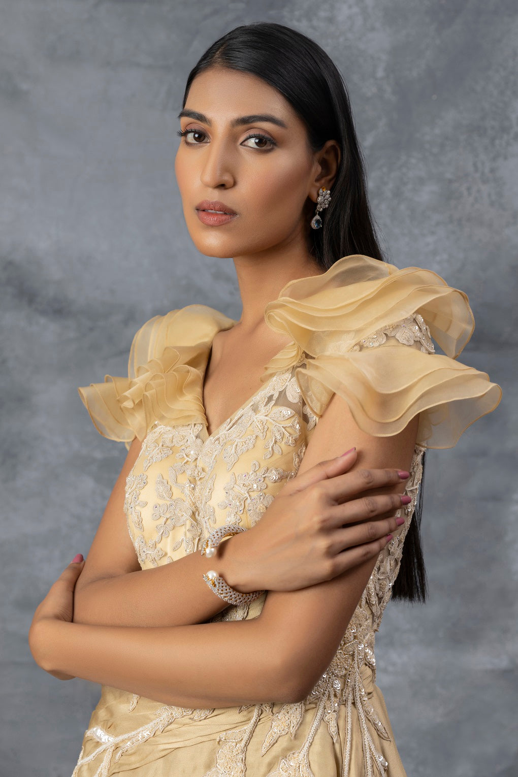 Beige Gown with Dori Embroidery