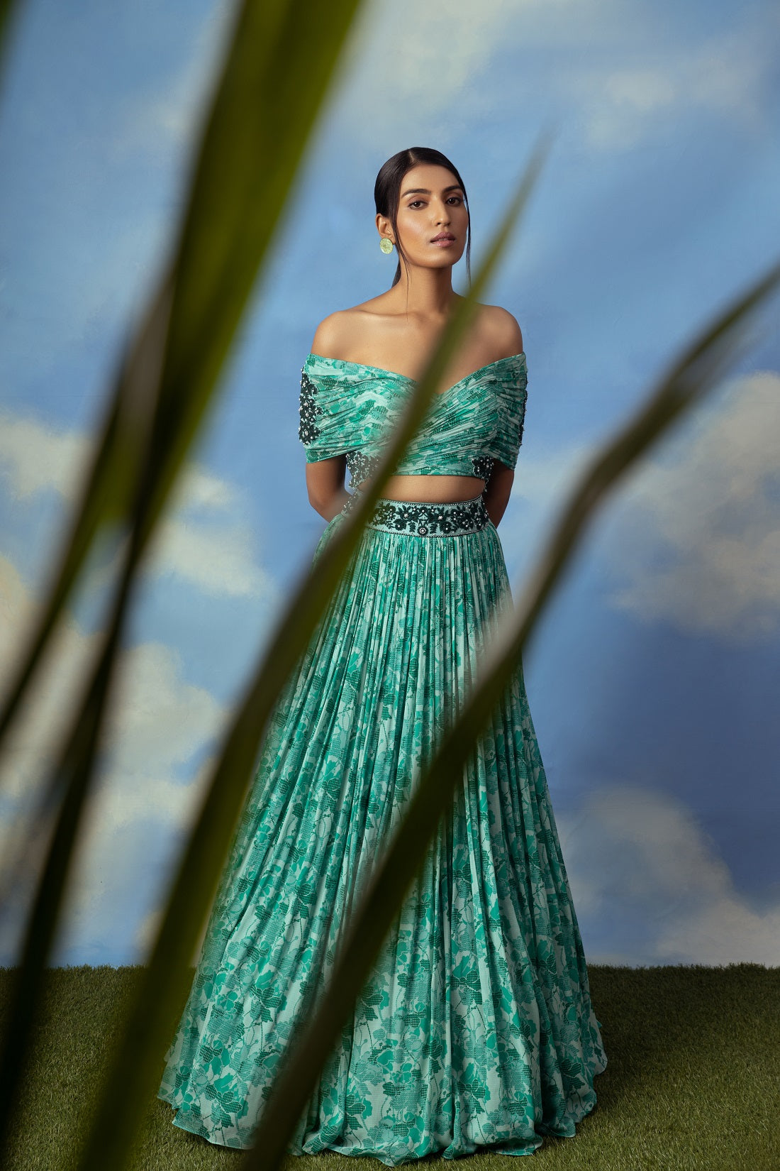 Aqua green printed crop top skirt with embroidered blouse