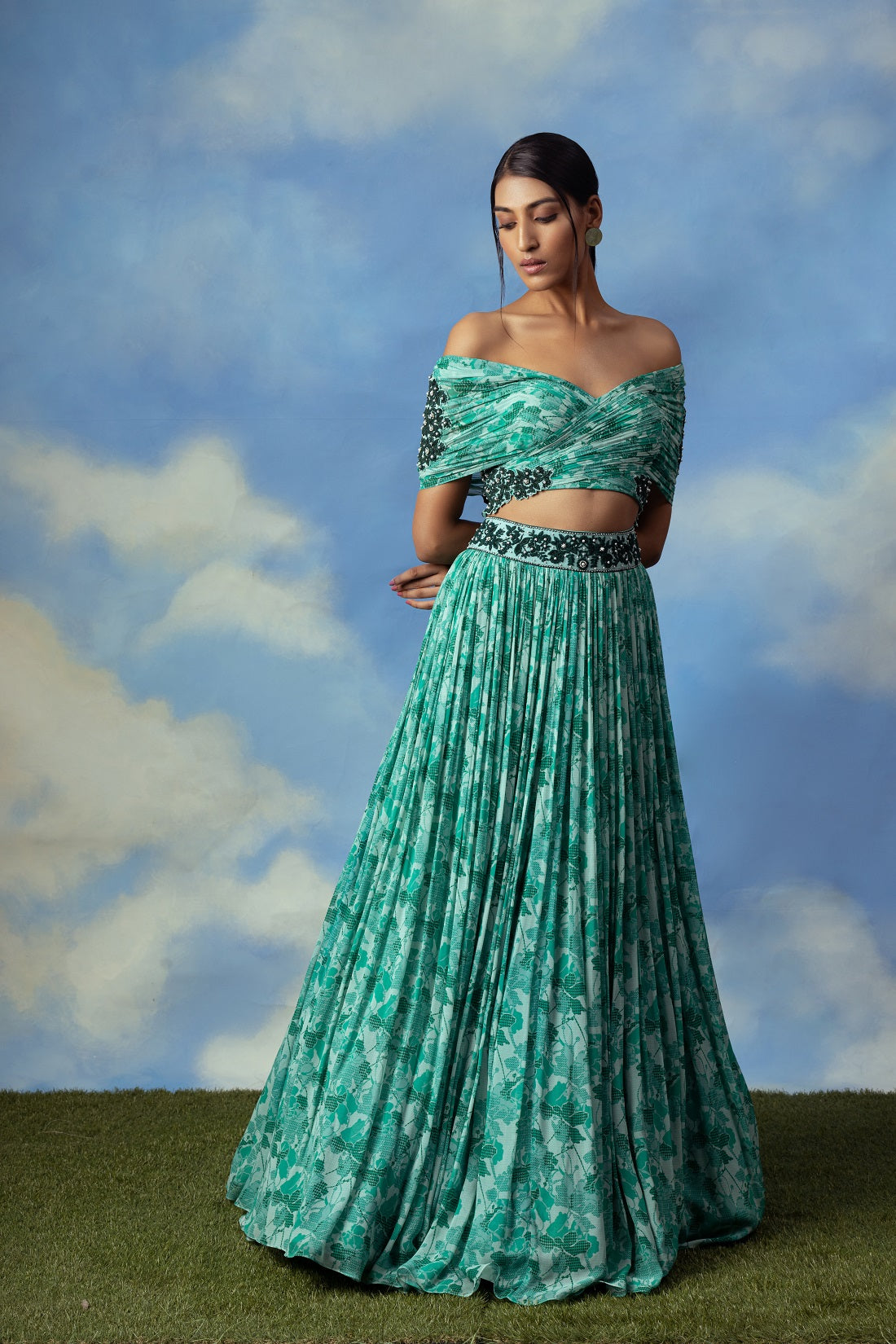 Aqua green printed crop top skirt with embroidered blouse