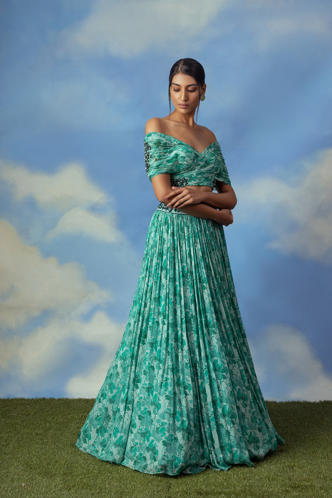 Aqua green printed crop top skirt with embroidered blouse