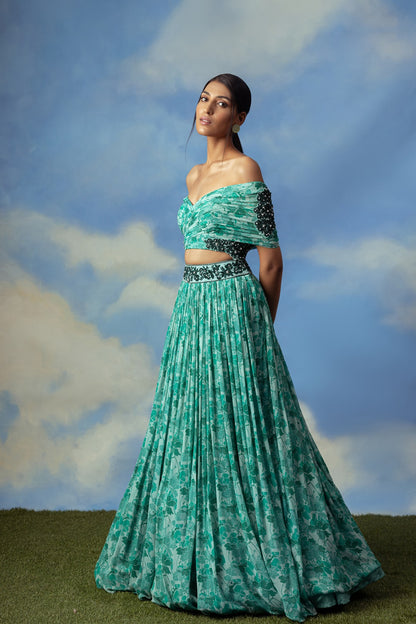 Aqua green printed crop top skirt with embroidered blouse