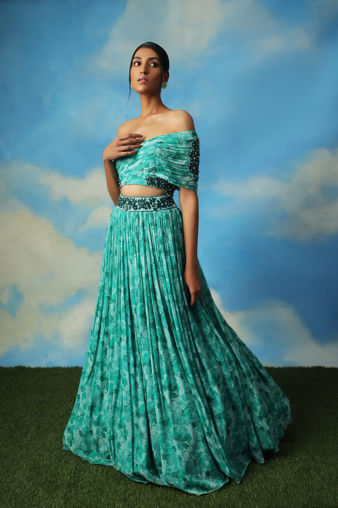 Aqua green printed crop top skirt with embroidered blouse