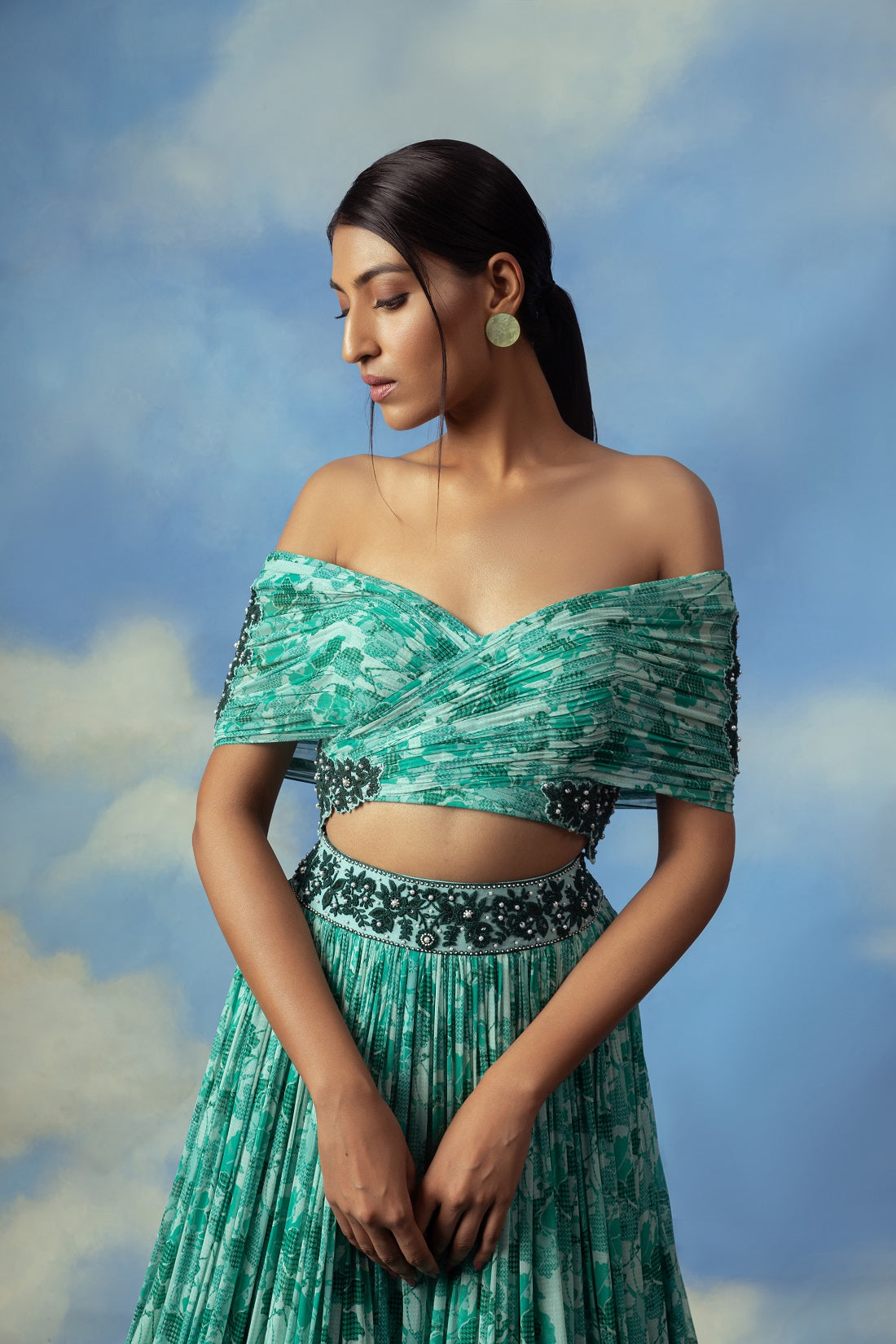 Aqua green printed crop top skirt with embroidered blouse