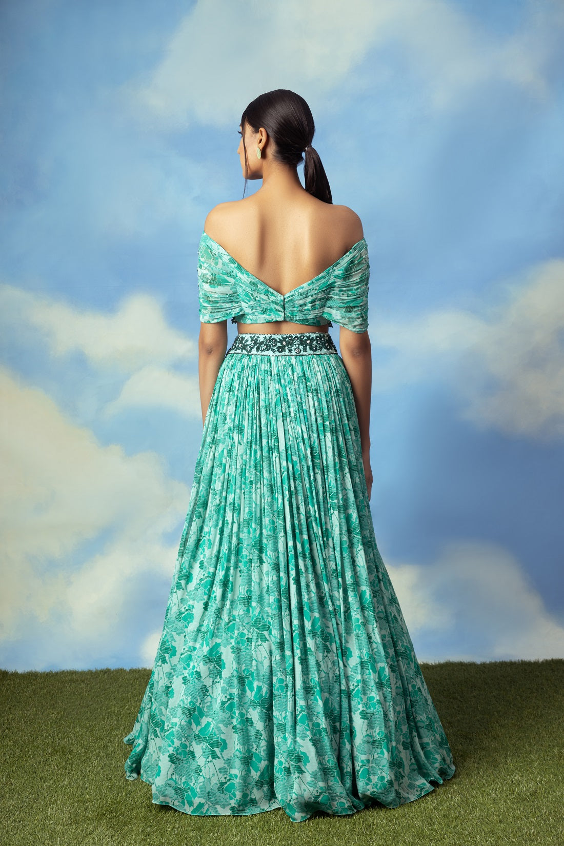 Aqua green printed crop top skirt with embroidered blouse