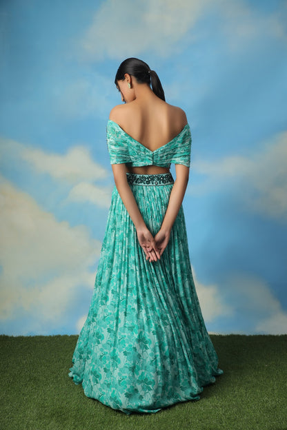 Aqua green printed crop top skirt with embroidered blouse