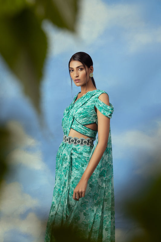 Aqua green printed palazzo sari with blouse and belt