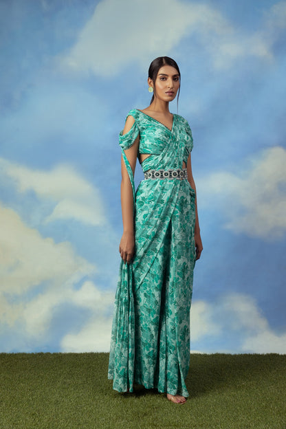 Aqua green printed palazzo sari with blouse and belt
