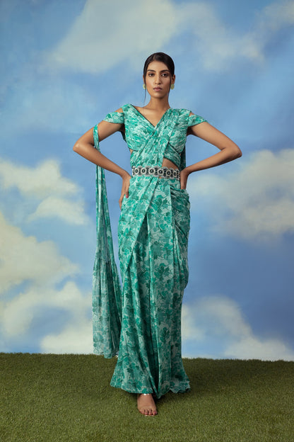 Aqua green printed palazzo sari with blouse and belt