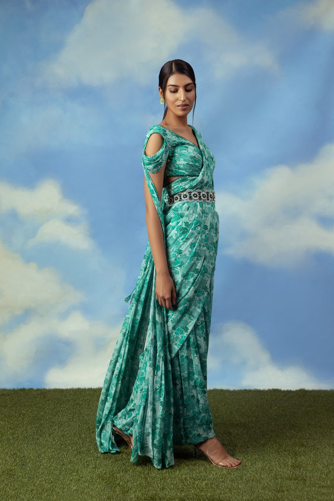 Aqua green printed palazzo sari with blouse and belt