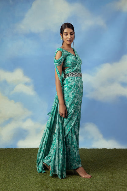 Aqua green printed palazzo sari with blouse and belt