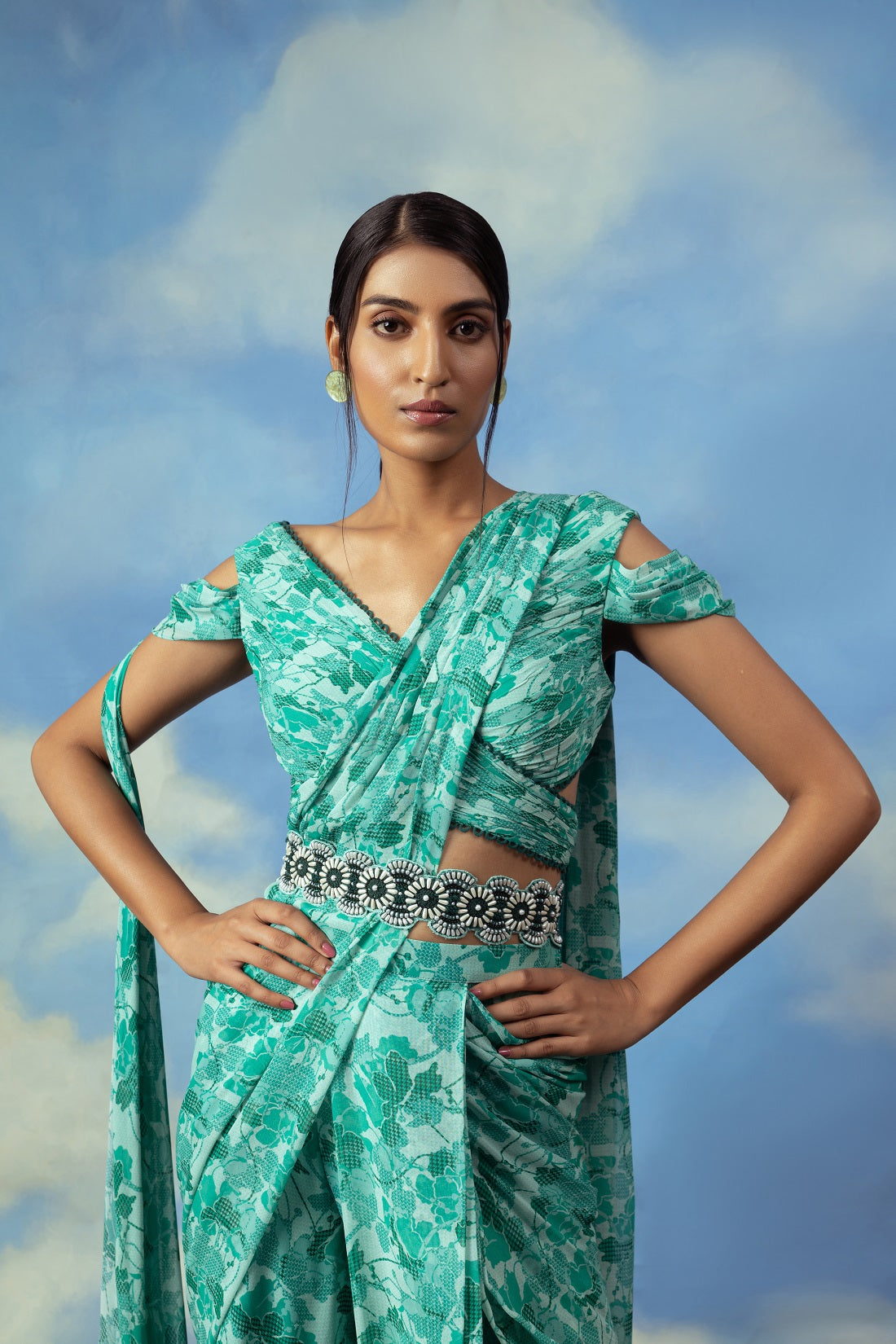Aqua green printed palazzo sari with blouse and belt