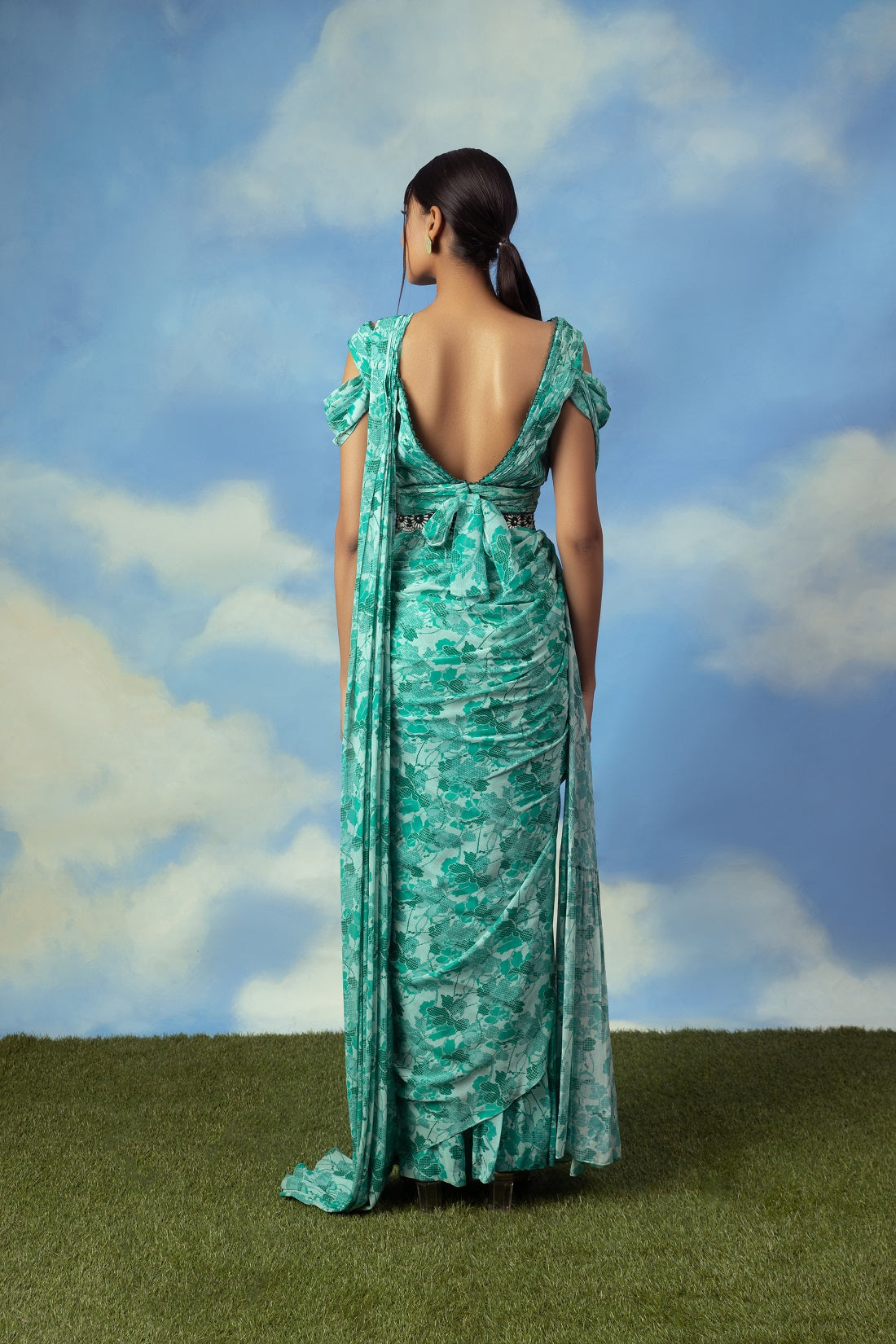 Aqua green printed palazzo sari with blouse and belt