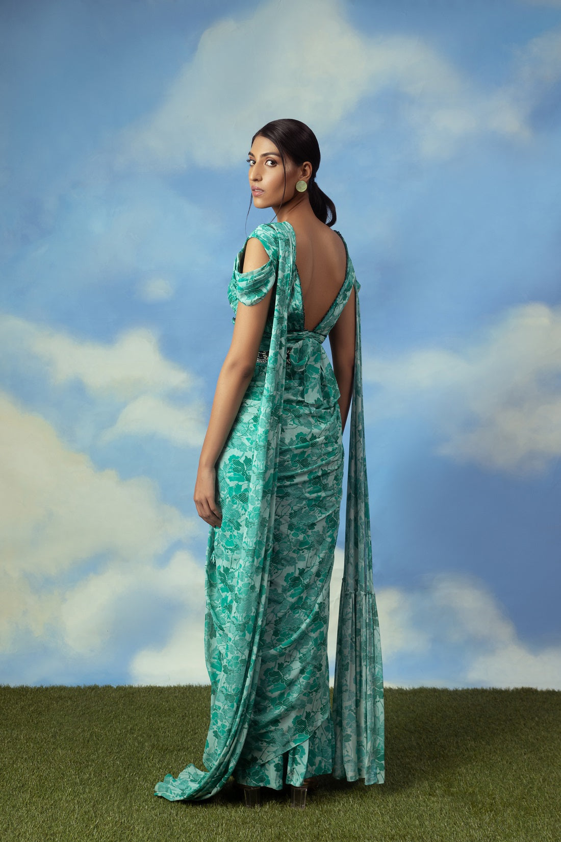Aqua green printed palazzo sari with blouse and belt