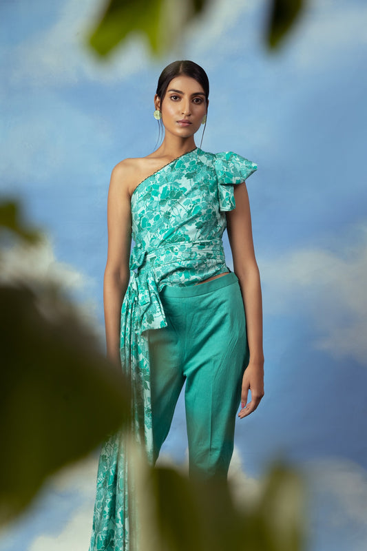 Satin chanderi drape top with cotton lycra pants