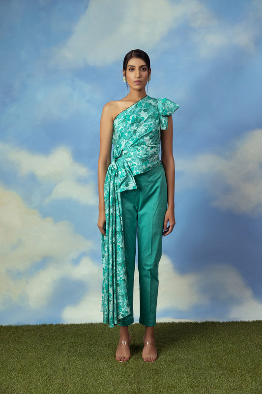 Satin chanderi drape top with cotton lycra pants