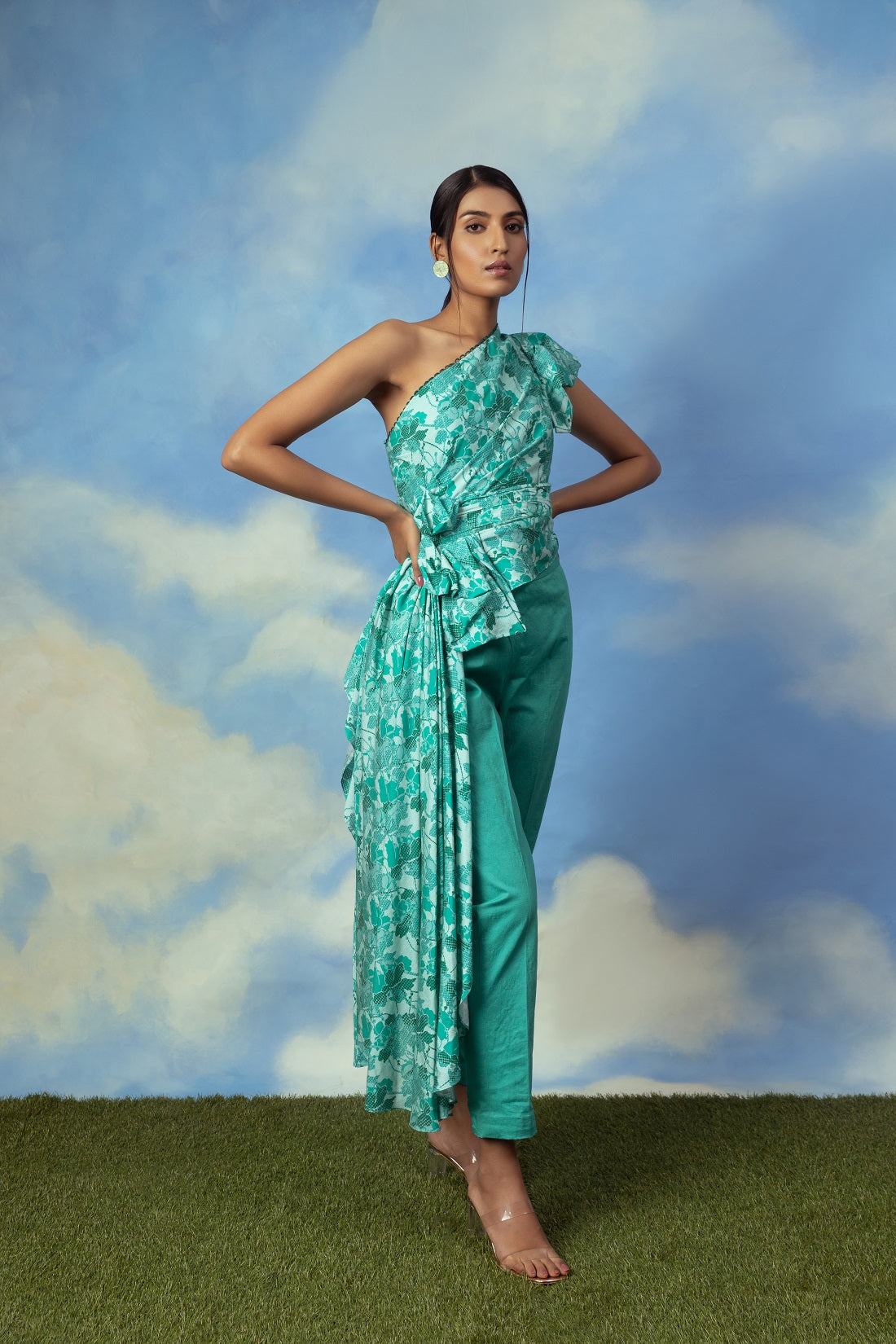 Satin chanderi drape top with cotton lycra pants