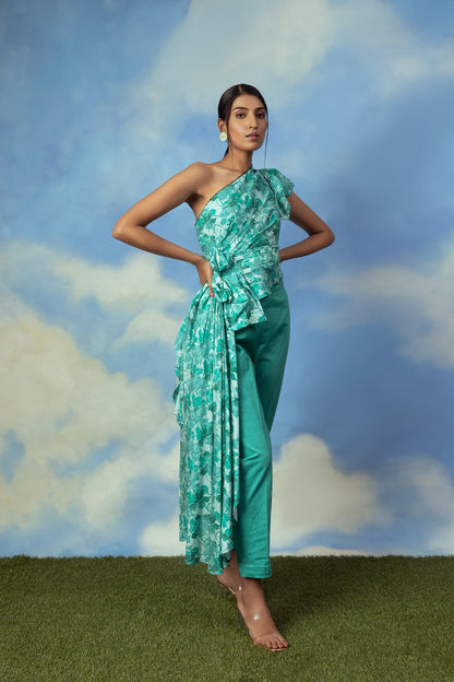 Satin chanderi drape top with cotton lycra pants