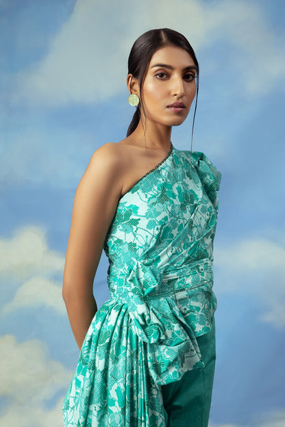 Satin chanderi drape top with cotton lycra pants