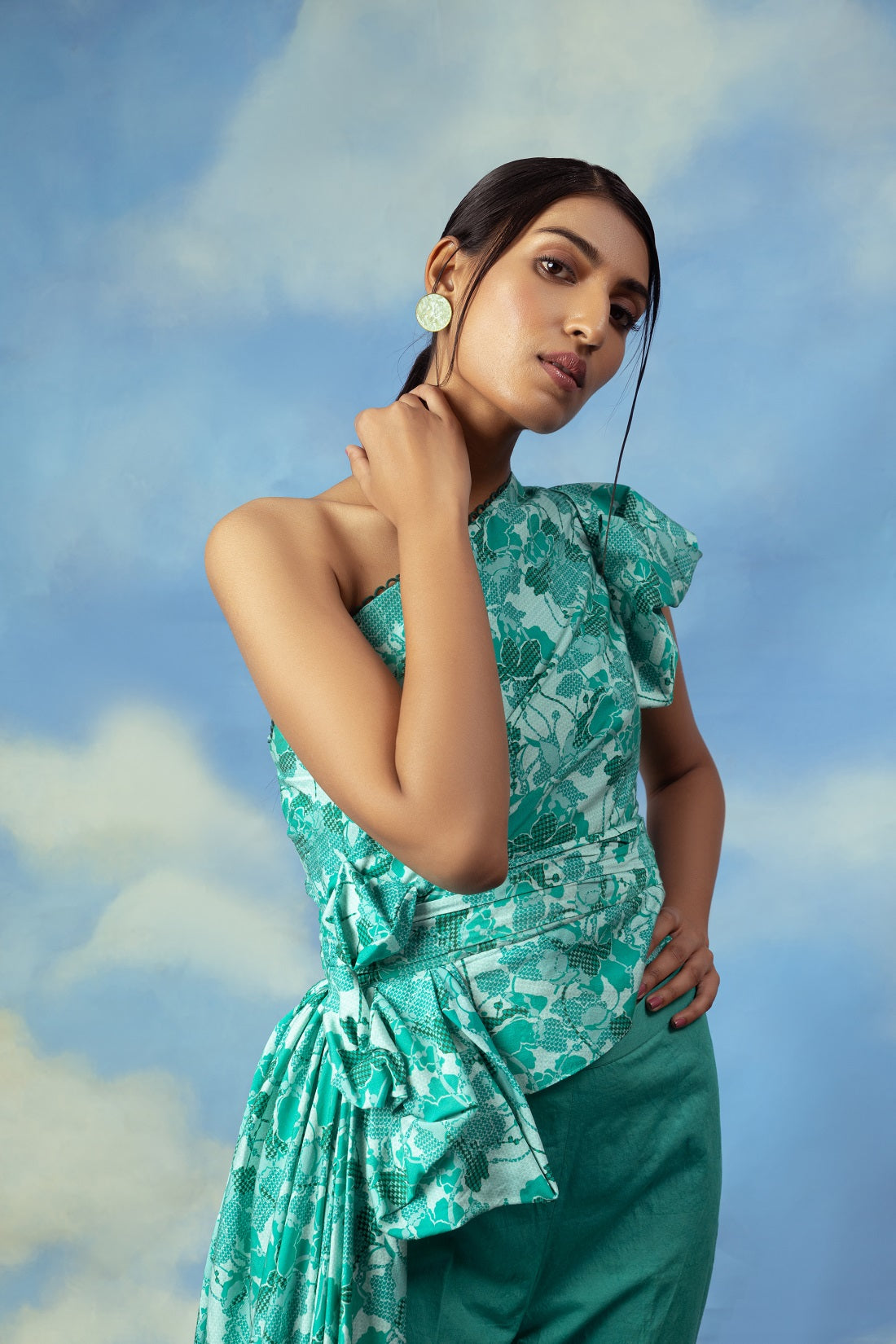 Satin chanderi drape top with cotton lycra pants