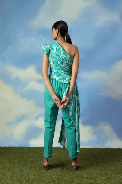 Satin chanderi drape top with cotton lycra pants