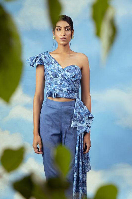 Satin chanderi one off shoulder drape top with cotton lycra pants