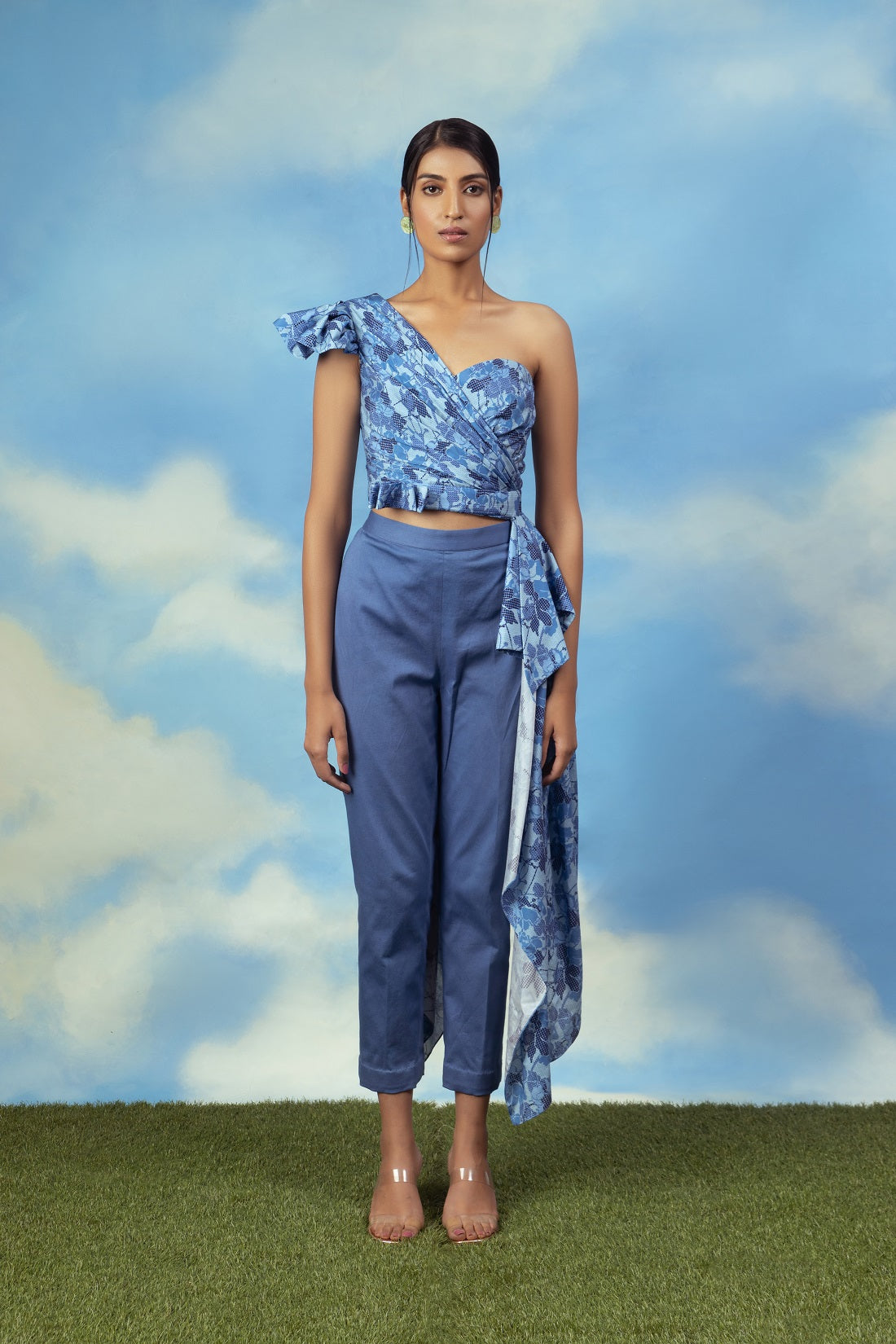 Satin chanderi one off shoulder drape top with cotton lycra pants