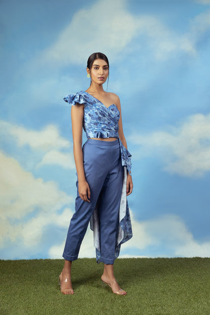 Satin chanderi one off shoulder drape top with cotton lycra pants
