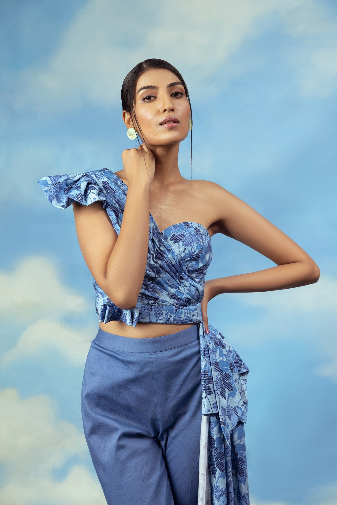Satin chanderi one off shoulder drape top with cotton lycra pants