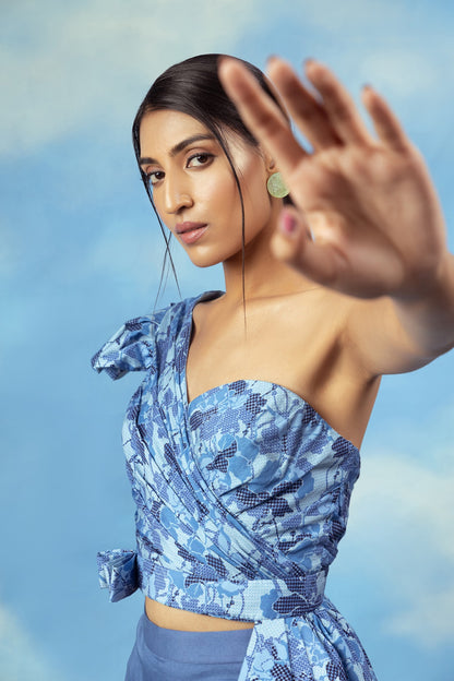 Satin chanderi one off shoulder drape top with cotton lycra pants