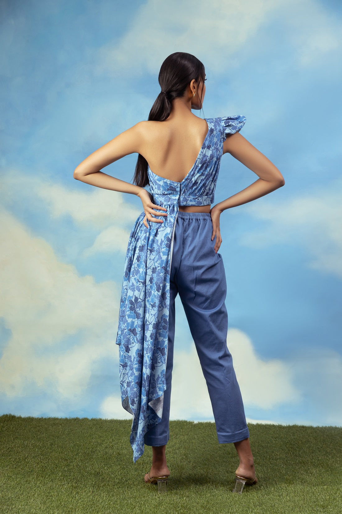 Satin chanderi one off shoulder drape top with cotton lycra pants