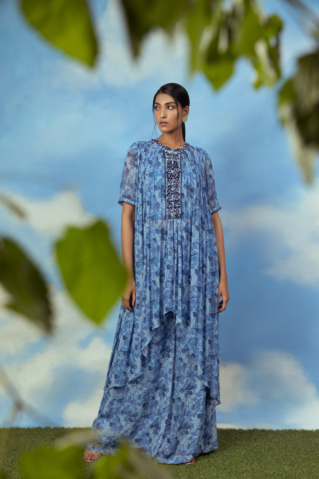 Blue printed asymetrical top with palazzo pants