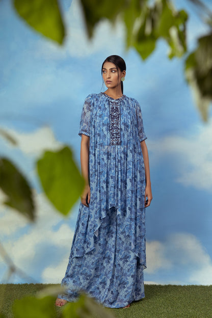 Blue printed asymetrical top with palazzo pants