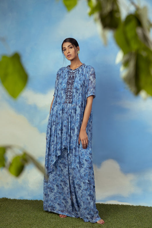 Blue printed asymetrical top with palazzo pants