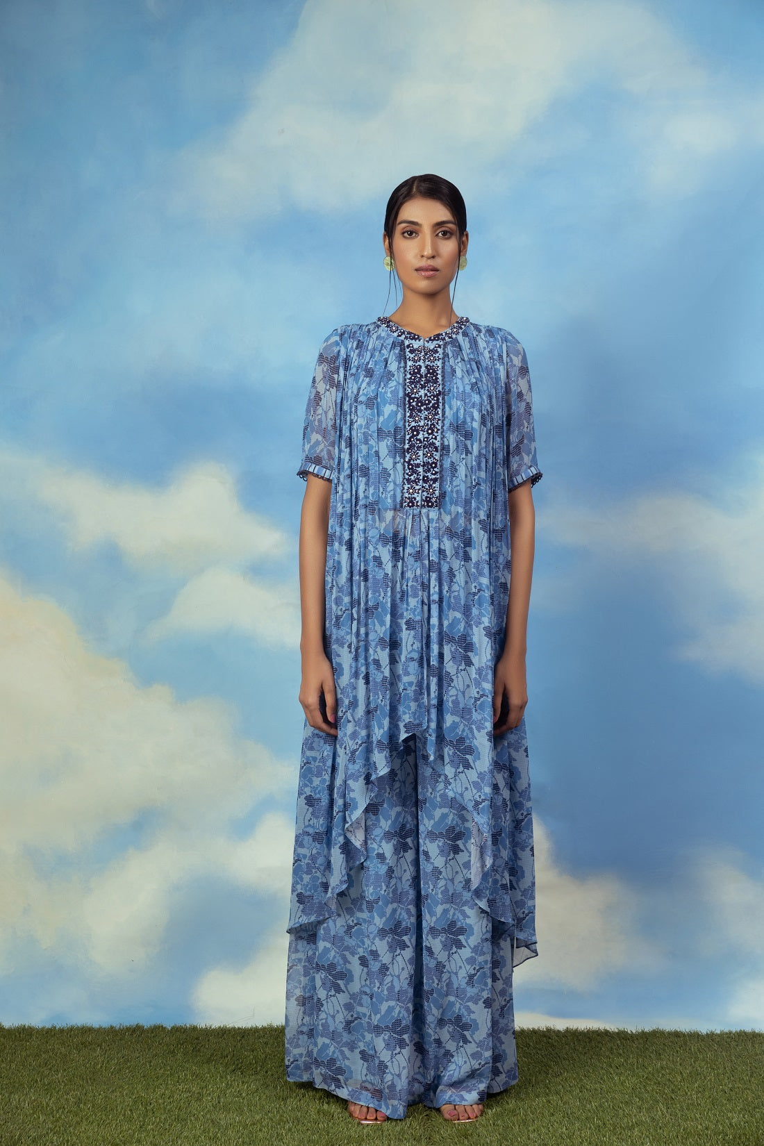 Blue printed asymetrical top with palazzo pants