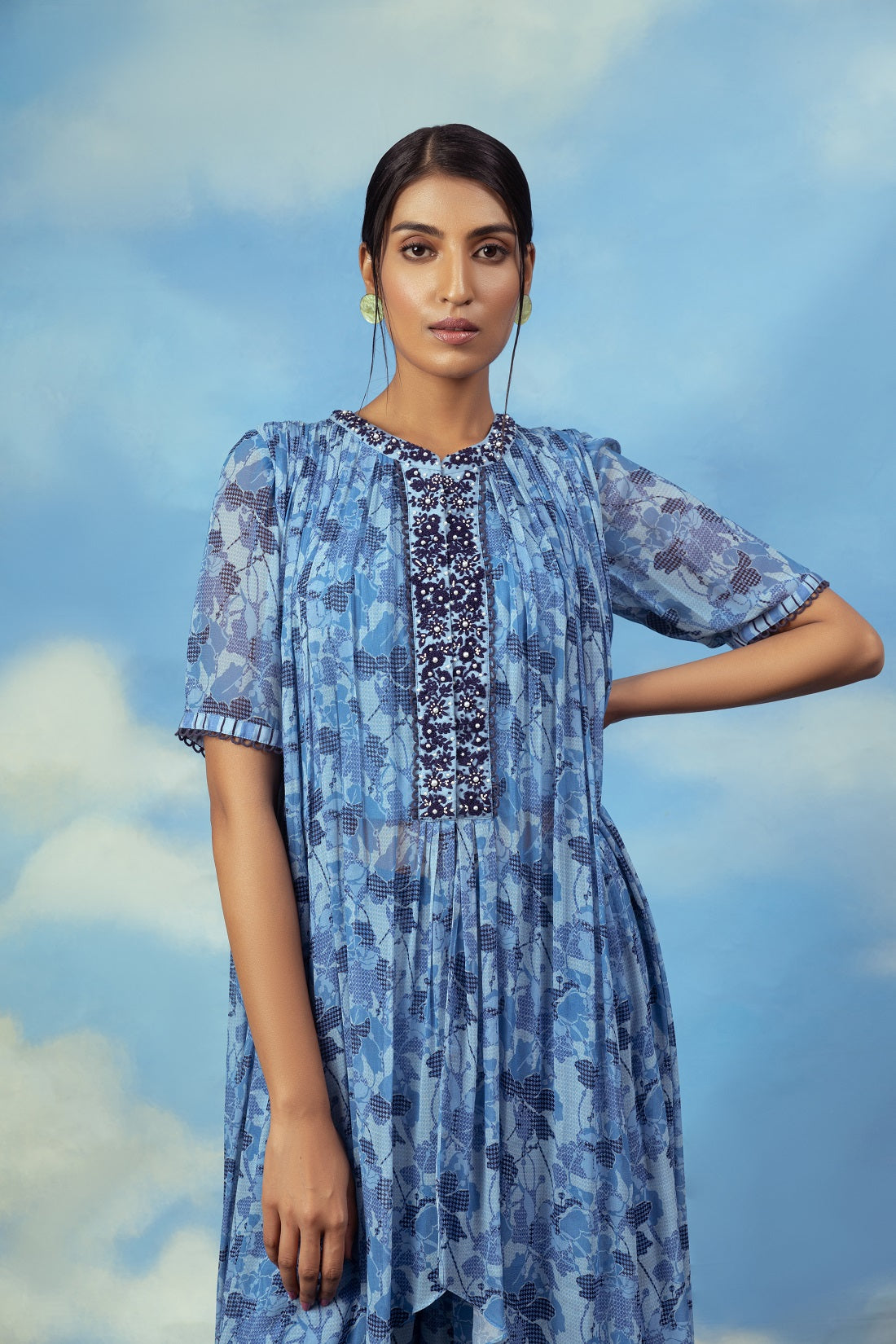 Blue printed asymetrical top with palazzo pants