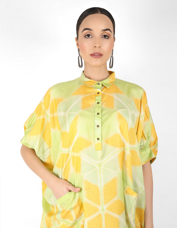 Kaleidoscopic Kaftan shirt  - Pista Green & Yellow
