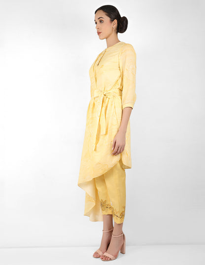 marble print drape tunic dress with belt - Yellow