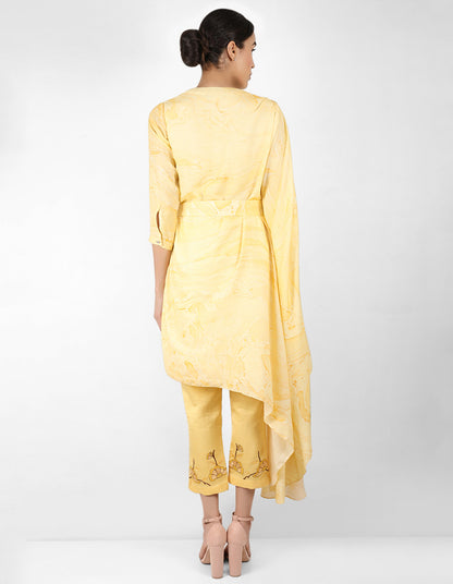 marble print drape tunic dress with belt - Yellow